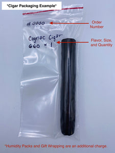This is an image of how the cigar will come packaged to you. It shows the cigar enclosed in an airtight ziplock bag, in order to protect the humidity of the cigar during transit. It also shows that your order number will appear on the ziplock bag, along with a description of the product that you are receiving. 